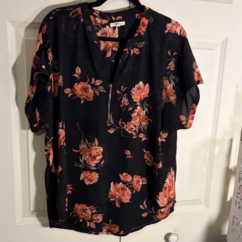 Maurices Black Blouse with Coral Floral Print and Zip Detail